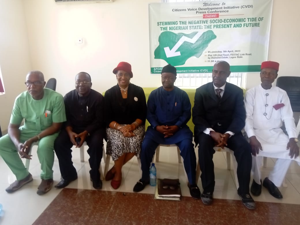 L-R: Barr. Samuel Eneonwuta(board member); Chief Romanus Monye (member); Barr. Rosemary Eton (board member); Chief C. Okafor(Chairman of the board); Chief Onyema Onyenakeya ( PRO) and Elder Moses Kalu(member) at the CVDI press conference held in Festac, April 4, 2023
