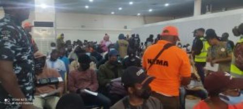 Some of the returnees at the Nnamdi Azikiwe International Airport, on Saturday in Abuja