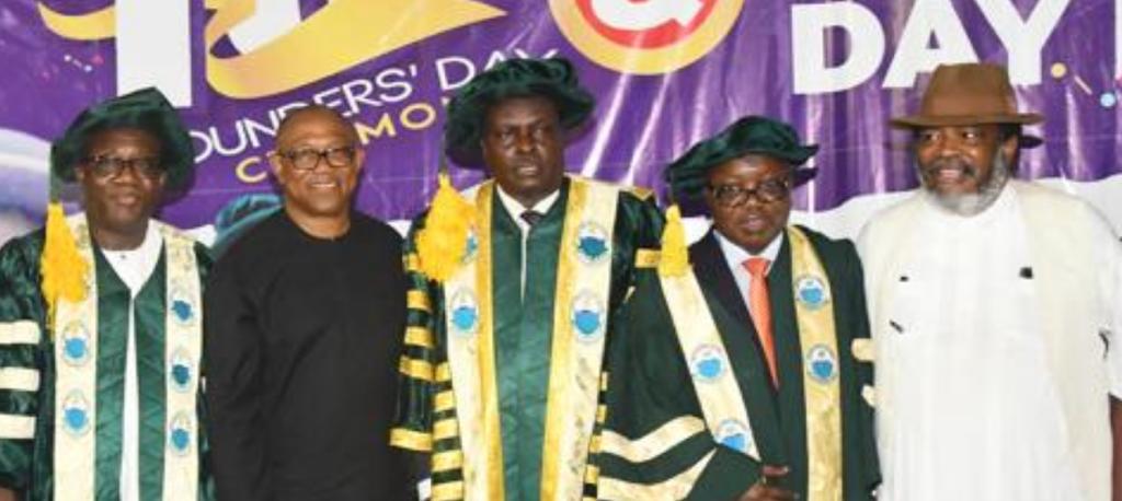 Left to right: Former Ekiti state Gov, Dr. Kayode Fayemi; Peter Obi; Founder of WDU, James Ibori, Former Delta Delta Gov Dr Emmanuel Uduaghan and Prince Nduka Obaigbena.